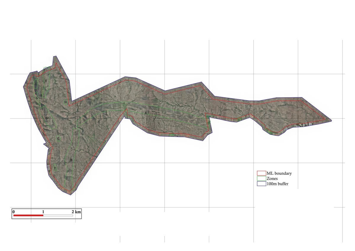 Orthomosaic showing an exploration block and its surrounding terrain
