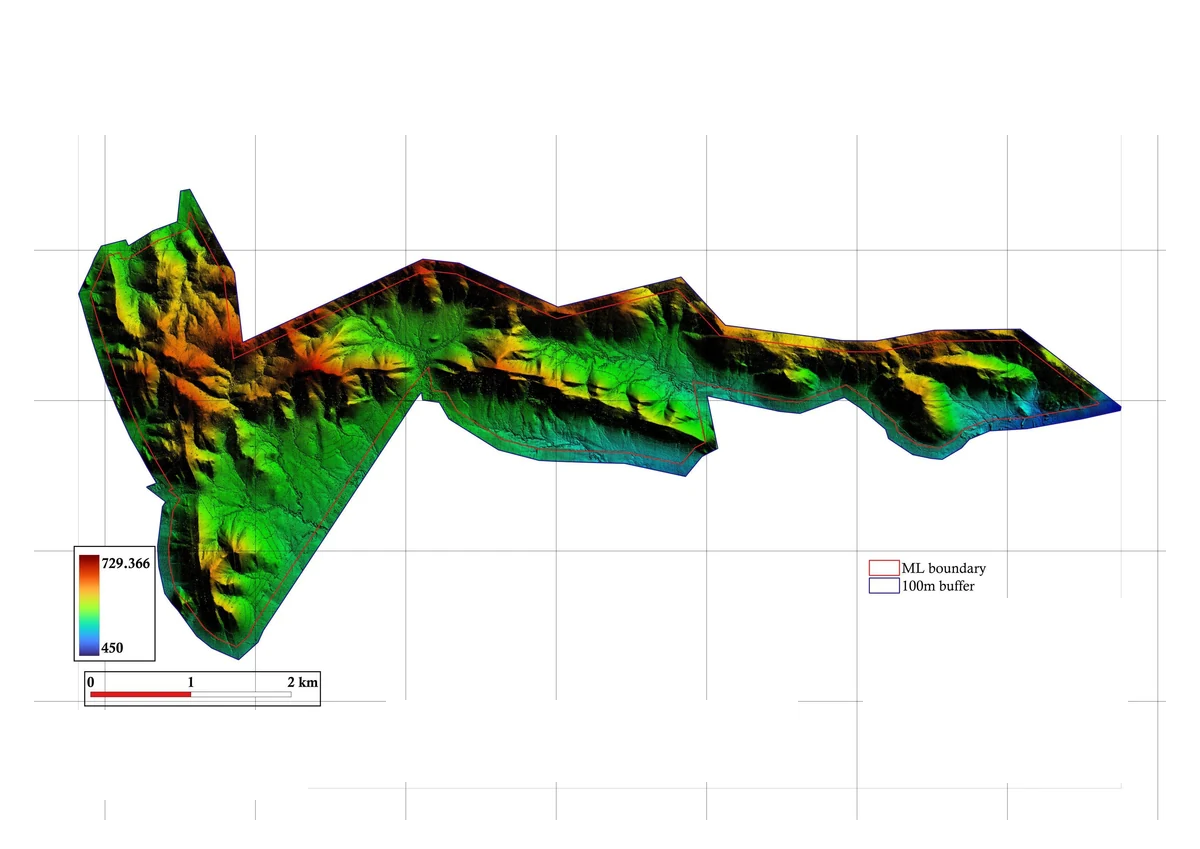 Bare-earth digital terrain model with elevation scale and contours