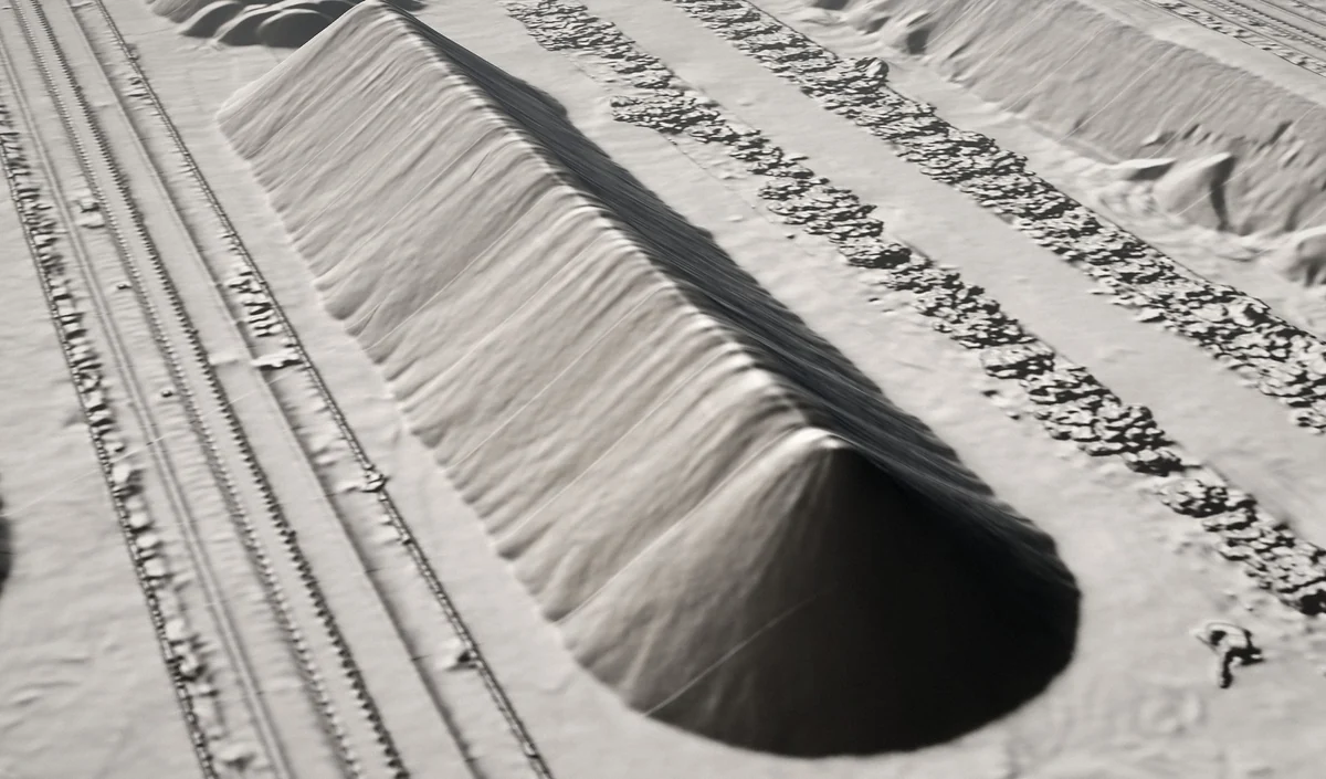 Neutral relief rendering reveals the shape and sides of one stockpile