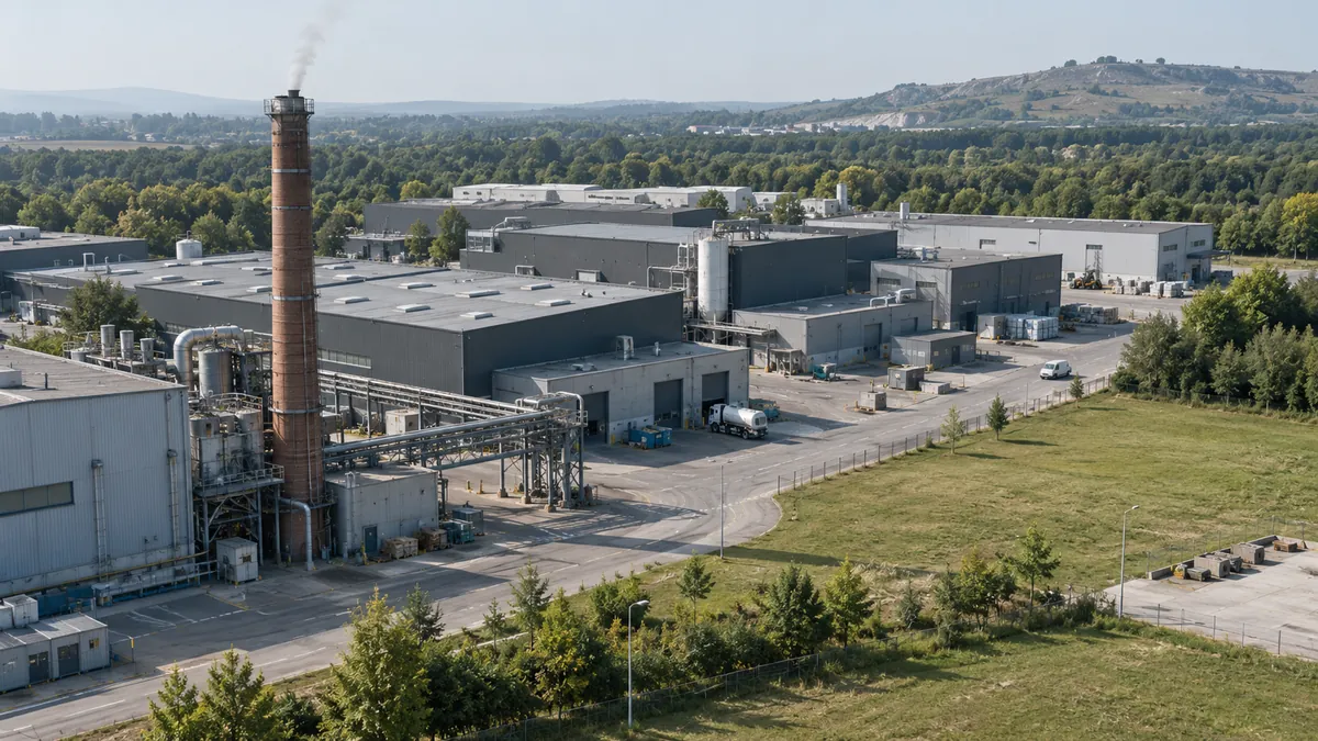 Illustrative scene: Industrial campus with a stack, staggered buildings and surrounding terrain
