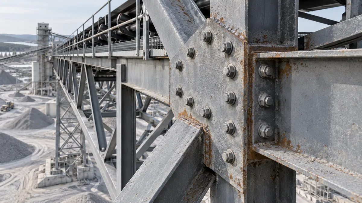 Illustrative scene: Industrial steel connection with bolts and surface detail