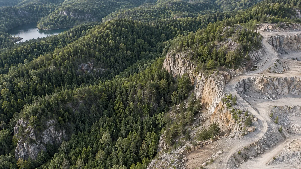 Illustrative vegetated terrain beside exposed rock and a winding access road