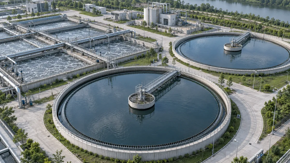 Illustrative scene: Water infrastructure with treatment channels and settling tanks