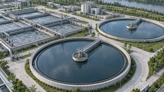 Illustrative scene: Water-treatment site with circular clarifiers, rectangular basins and connecting infrastructure