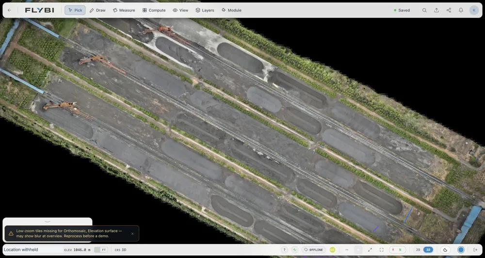 Actual V7 site workspace with stockyard imagery, view tools and site-identifying details withheld