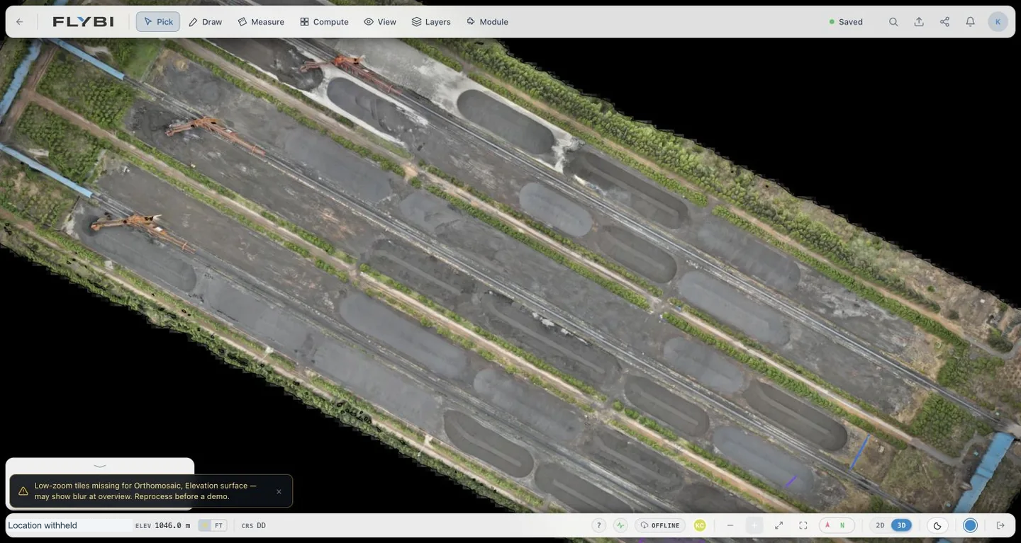Actual V7 workspace with stockyard surface, view controls and site-identifying details withheld