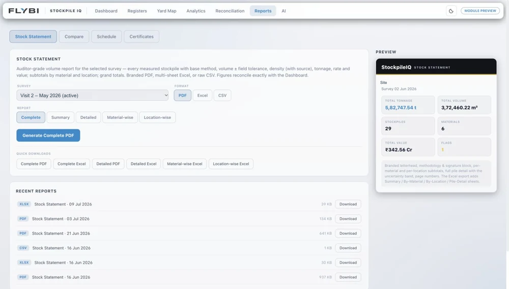 Authentic V7 Stockpile IQ Reports screen showing visit selection, PDF Excel and CSV format controls, report types, statement preview and recent reports